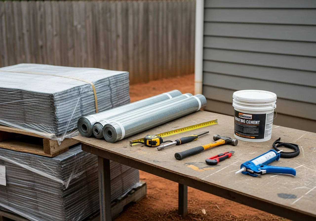 Contractor tools and materials organized on a worksite, ready for exterior home improvement projects.