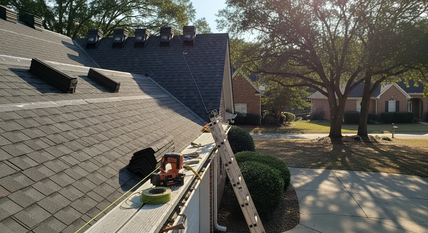 Professional roofer installing new roof shingles on residential home