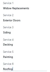 Service menu listing window replacements, doors, siding, decking, painting, and roofing