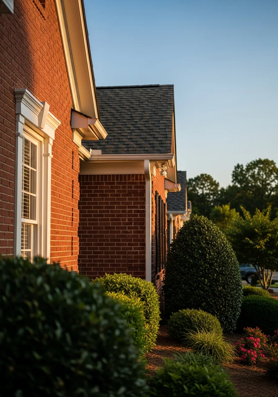 Detail of a Roswell home's exterior with quality finishes and landscaping, reflecting the community's established standards.