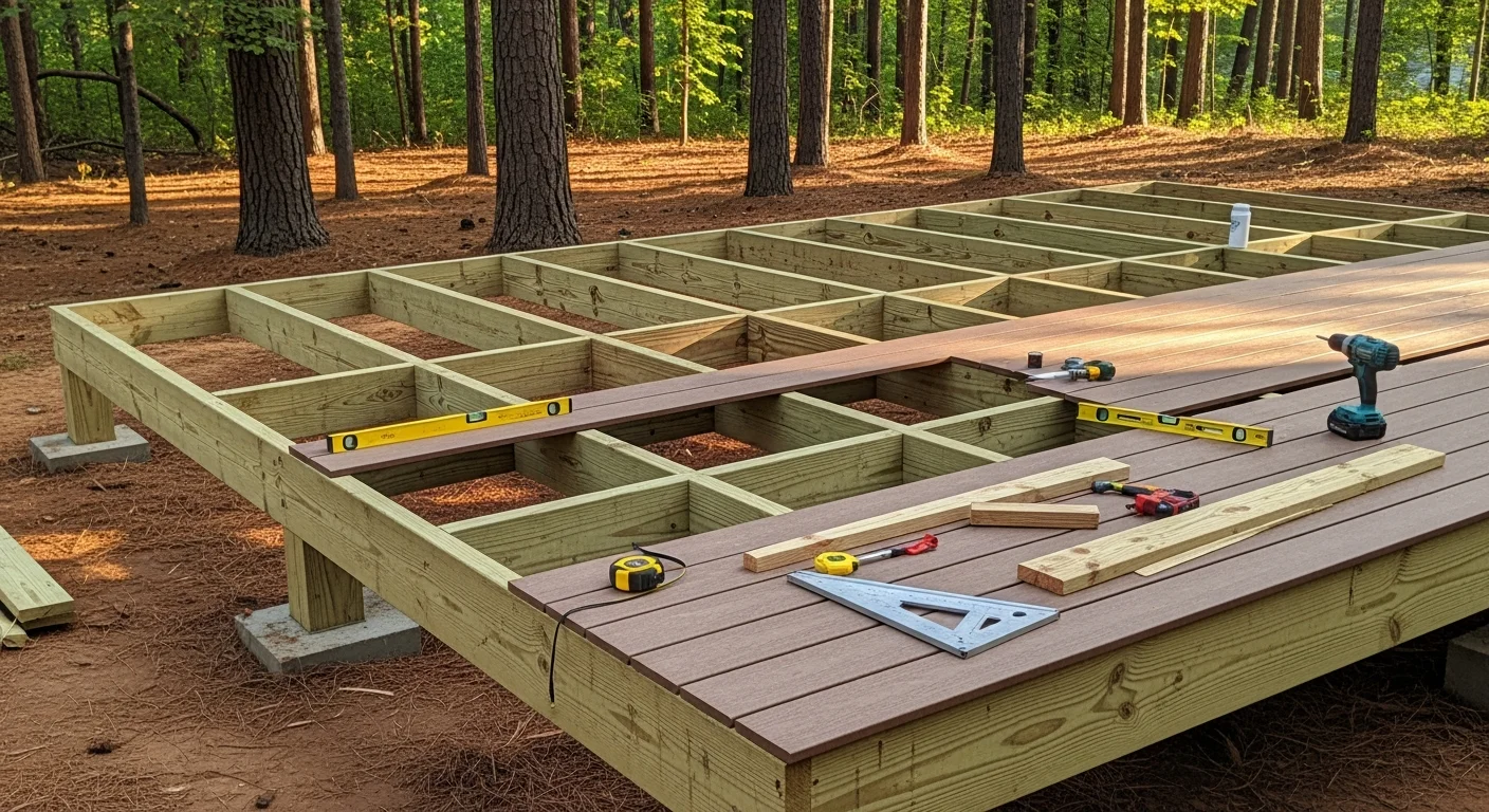 A newly installed wood deck attached to the back of a residential home in Cumming, GA, with a sloped wooded backyard visible beyond the railing. The deck includes a stair system leading down to the yard and a clean framed structure built to Forsyth County standards.