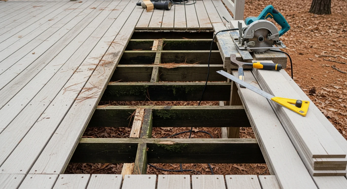 A repaired residential deck in Cumming, GA showing replaced decking boards and secured railings on a wood-framed structure. Close-up view highlights smooth, rot-free surface boards alongside a stable post-and-rail system typical of Forsyth County homes.