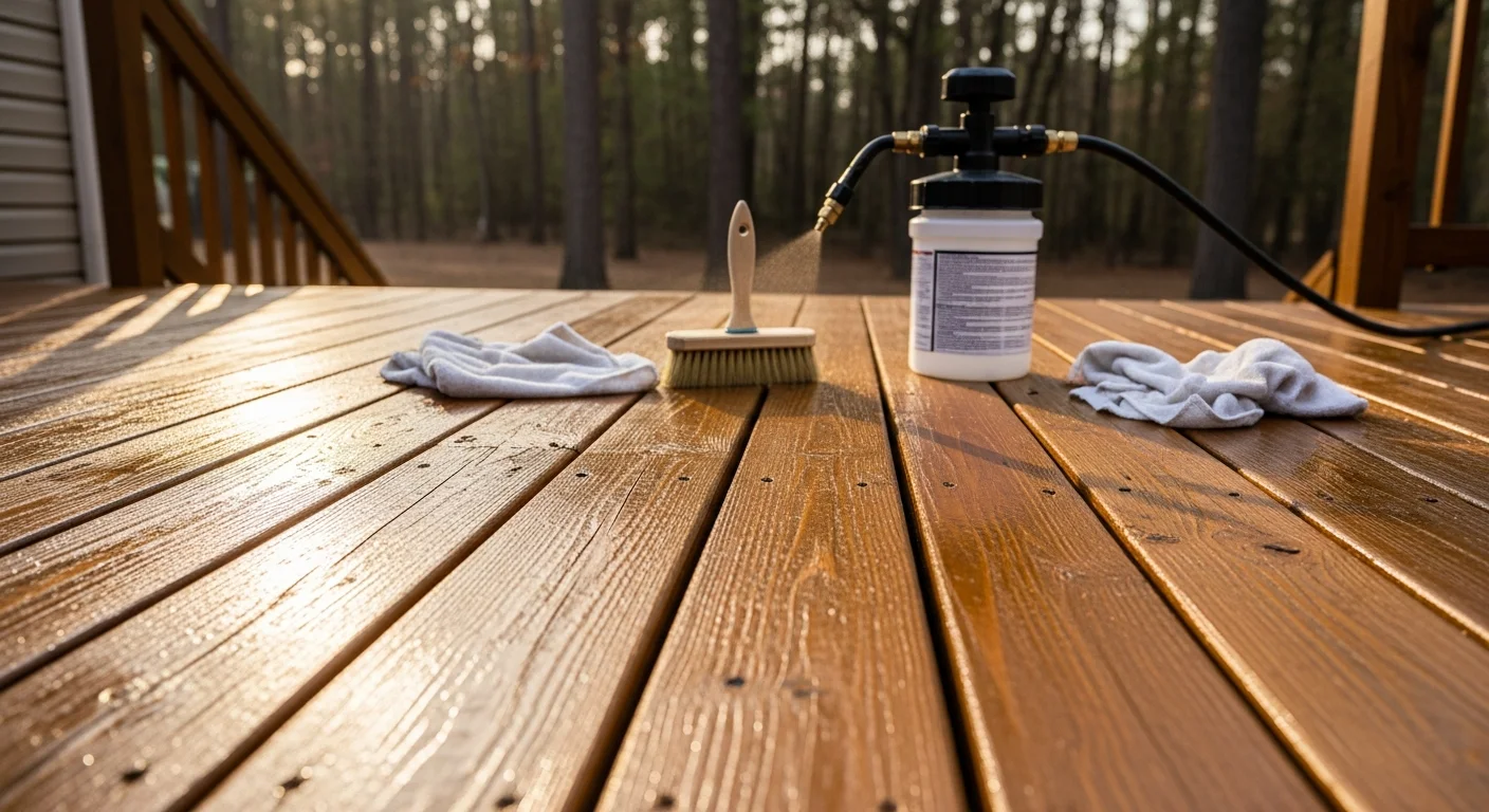 A freshly stained and sealed wood deck on a Cumming, GA home, showing even color coverage across deck boards, railings, and stairs. The surface has a clean, protected finish with no visible graying, mold, or weathering.