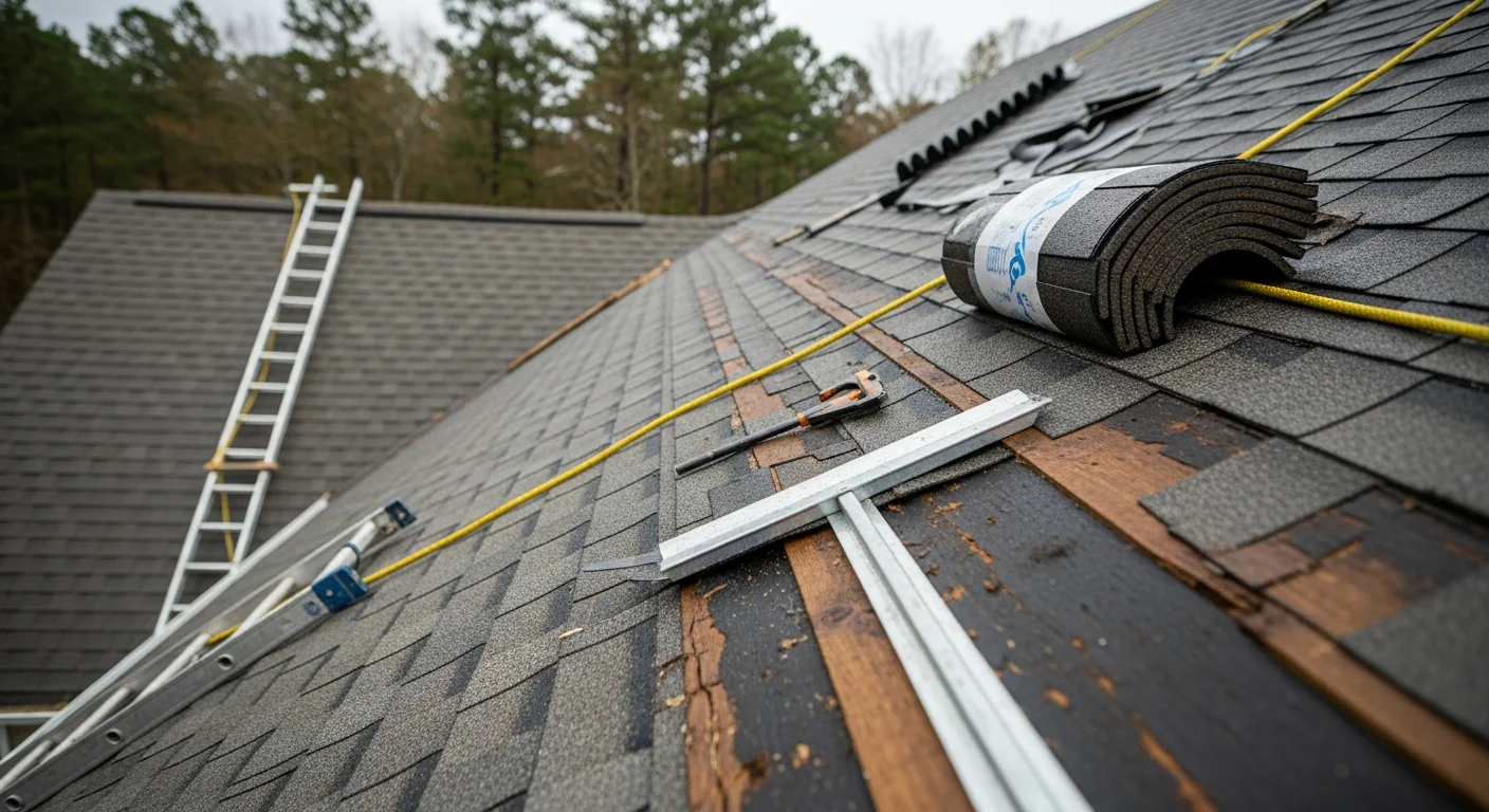A Refit Specialty Contracting crew member inspecting storm-damaged shingles on a steep-pitch residential roof in Cumming, Georgia. Missing shingles and exposed decking are visible along the roof ridge following a severe North Georgia thunderstorm.