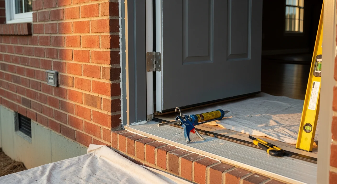 A newly installed exterior front door on a single-family home in Cumming, Georgia, with a clean frame, tight weatherstripping, and a finished threshold visible at the base. The surrounding exterior trim is intact and flush against the door frame.