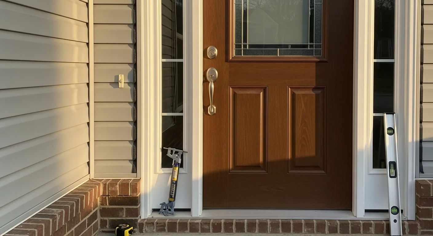 A newly installed exterior entry door on a residential home in Cumming, Georgia, with a clean frame, fresh casing, and tight weatherstripping visible around the perimeter. The surrounding exterior siding and trim are undisturbed, showing a finished replacement by Refit Specialty Contracting, LLC.