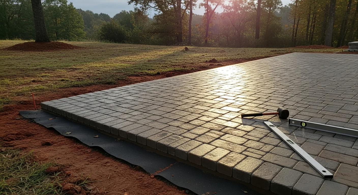 A finished backyard patio installed by Refit Specialty Contracting, LLC. on a residential lot in Cumming, GA, showing a level hardscape surface with defined edges set against a wooded Forsyth County yard.