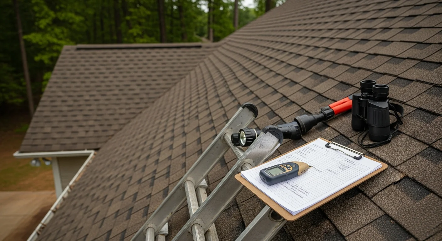 A roofing contractor from Refit Specialty Contracting, LLC. inspecting shingles and flashing on a residential roof in Cumming, GA. Close-up view shows detailed examination of a roof valley and pipe boot on a steep-pitch home typical of Forsyth County subdivisions.