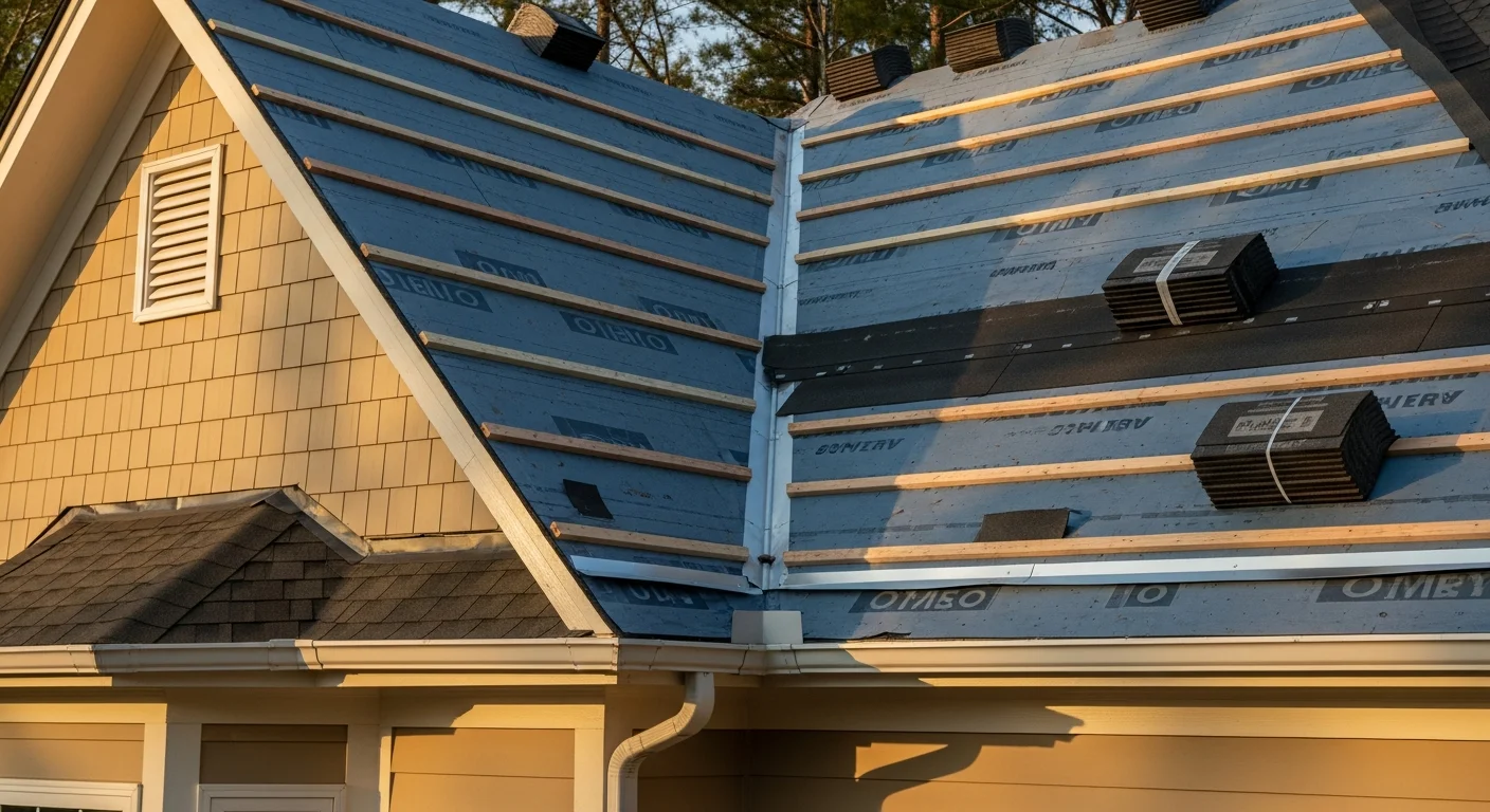 A newly installed residential roof on a two-story home in Cumming, Georgia, showing clean ridge lines, uniform shingle courses, and finished metal flashing around a chimney. The surrounding tree canopy and subdivision streetscape reflect the North Georgia setting.
