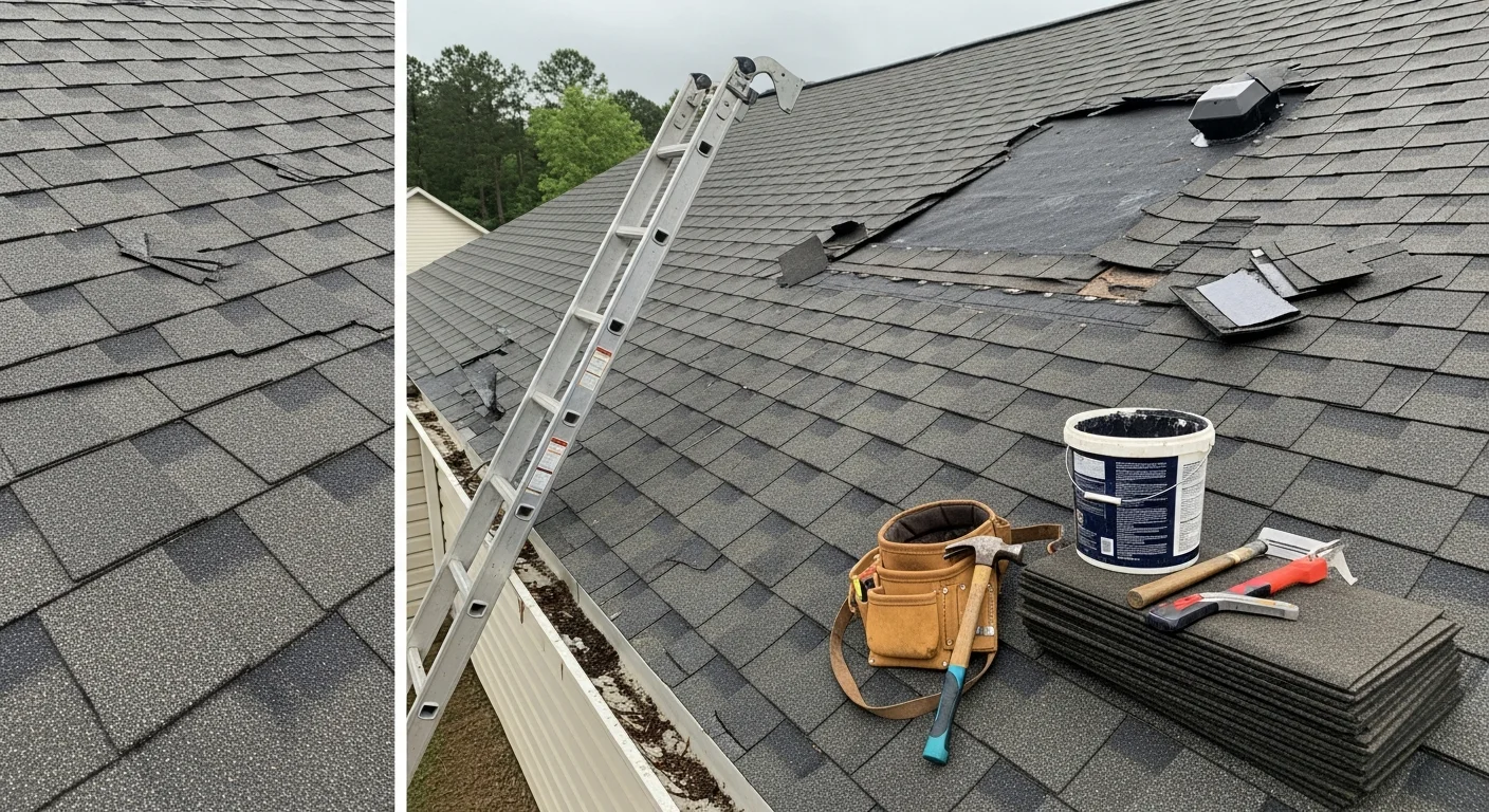 A Refit Specialty Contracting, LLC. crew repairing storm-damaged shingles on a residential roof in Cumming, GA. Close-up view shows replaced shingles and sealed flashing on a Forsyth County home after hail and wind damage.