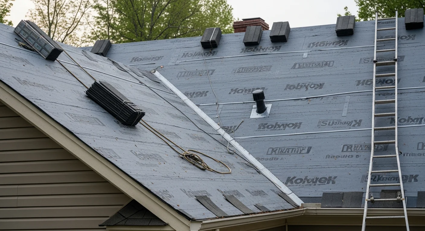 A completed residential roof replacement on a two-story home in Cumming, GA, showing new roofing material installed across a large multi-slope roof with clean ridge lines and replaced flashing around the chimney.