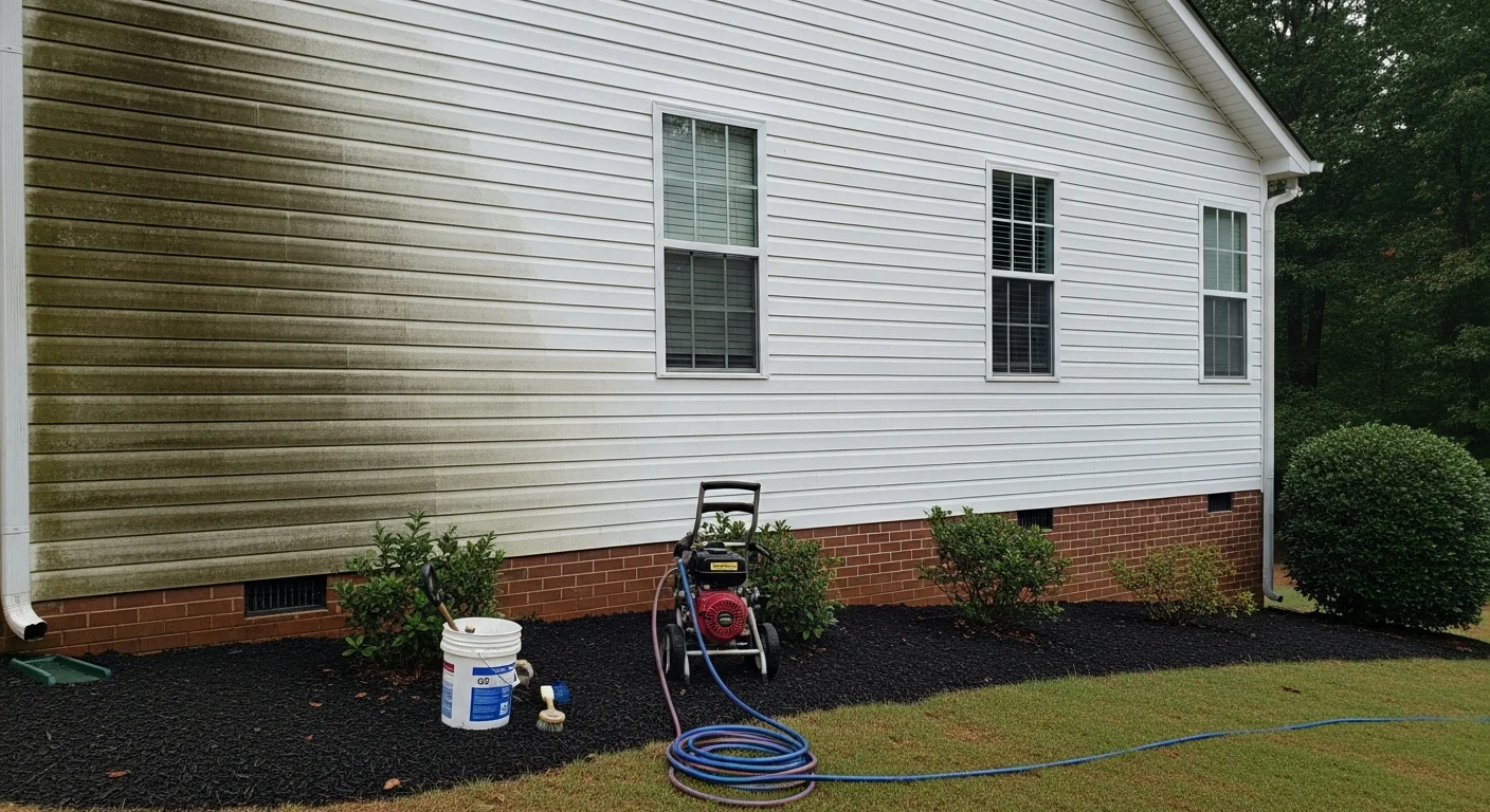 A Cumming, GA home exterior after professional siding cleaning, showing clean vinyl panels free of green algae streaks and pollen film. The north-facing side of the house displays restored color with no visible mildew or organic staining.