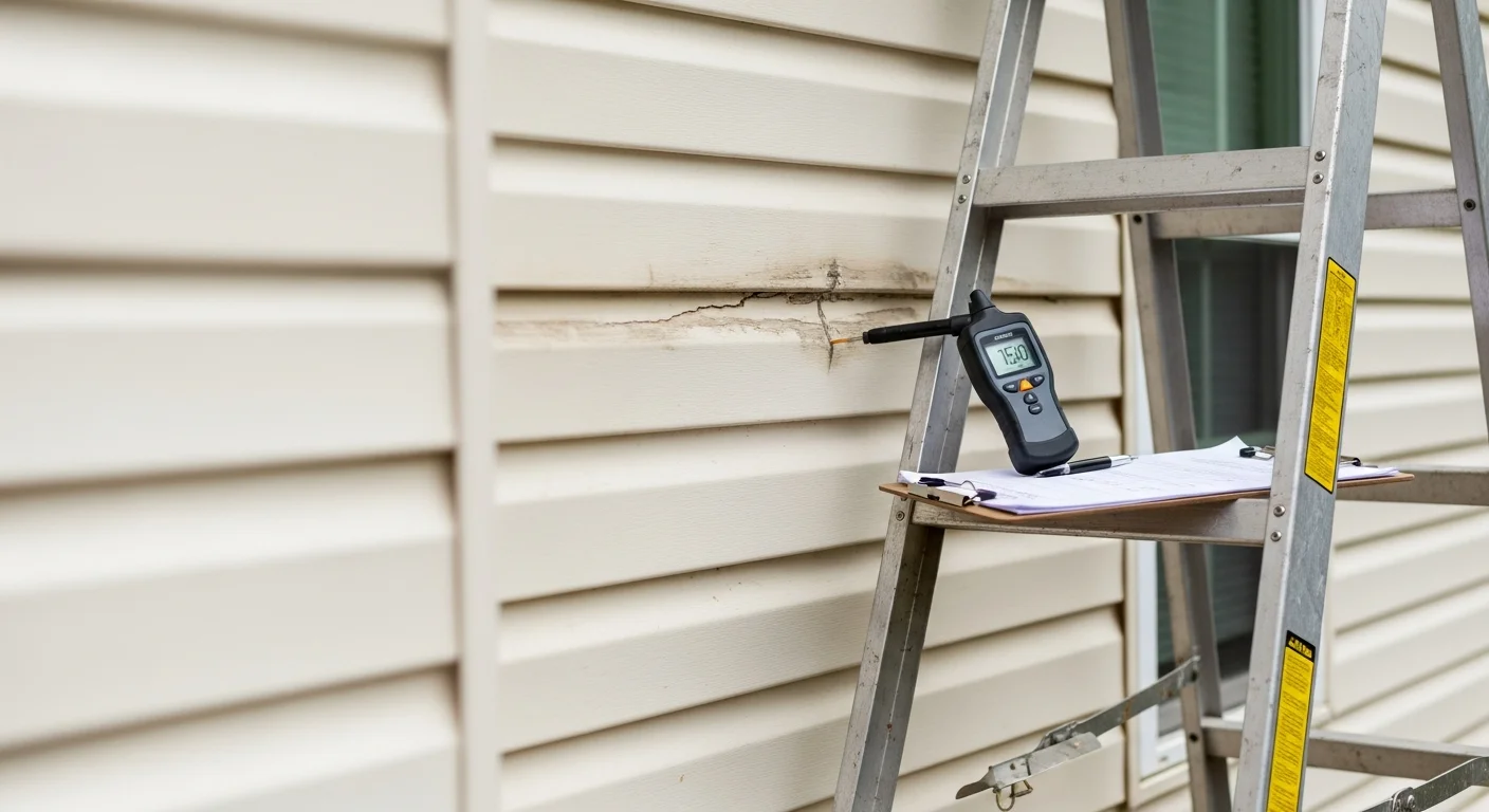 A siding contractor from Refit Specialty Contracting, LLC. performing a close-up inspection of exterior wall panels on a residential home in Cumming, GA. The inspector examines panel seams and trim edges for signs of moisture damage and warping.