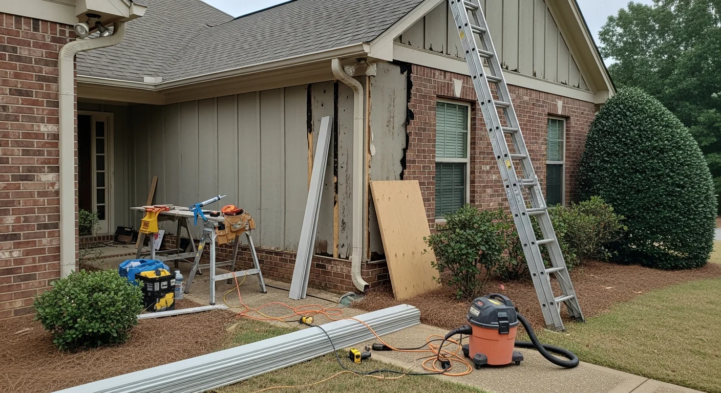 A Cumming, GA home with freshly installed exterior siding, showing clean panel lines and no visible cracking or warping. The repaired wall section blends with the surrounding exterior on a residential property in Forsyth County.