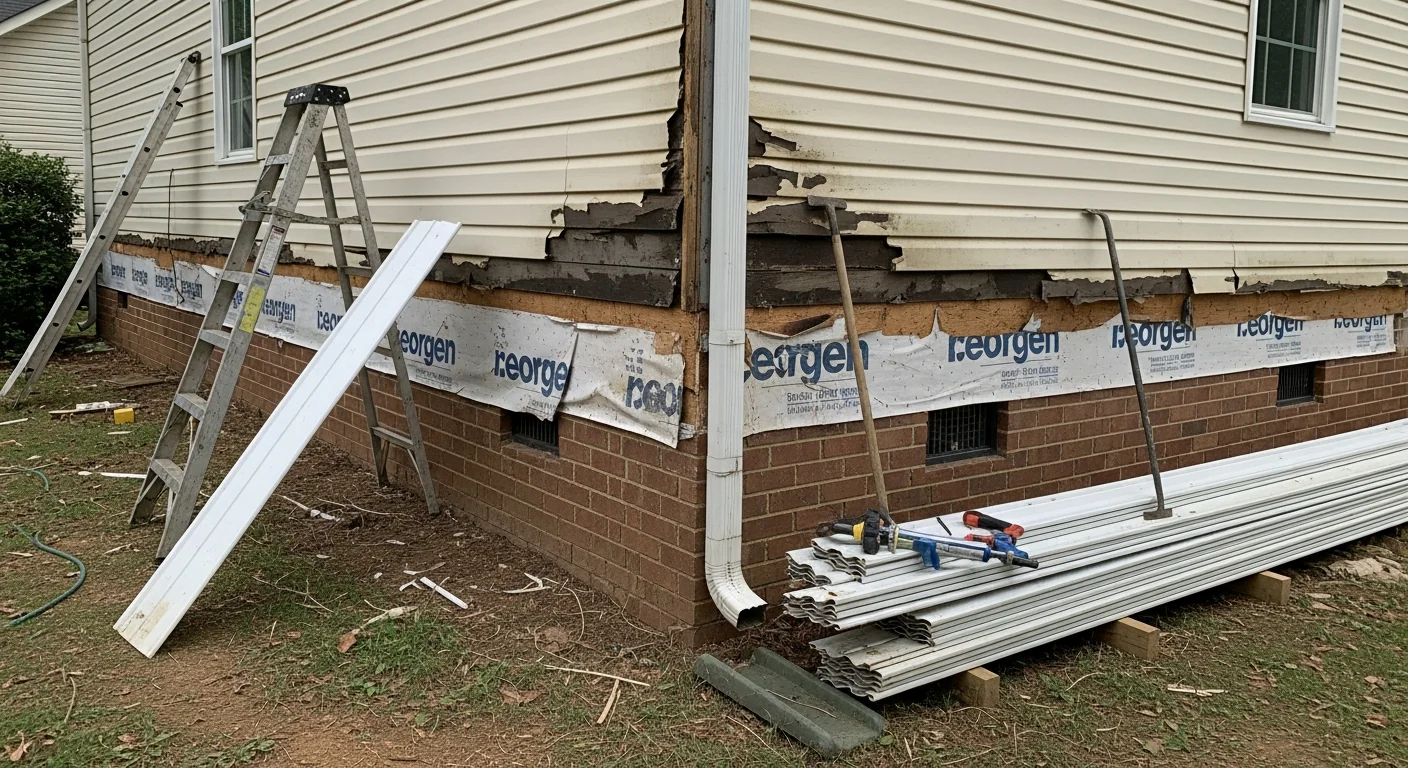 A Cumming, Georgia single-family home exterior showing freshly repaired siding panels along the lower facade, with clean seams and consistent color matching the surrounding sections. A contractor from Refit Specialty Contracting, LLC. inspects the finished repair area from ground level.