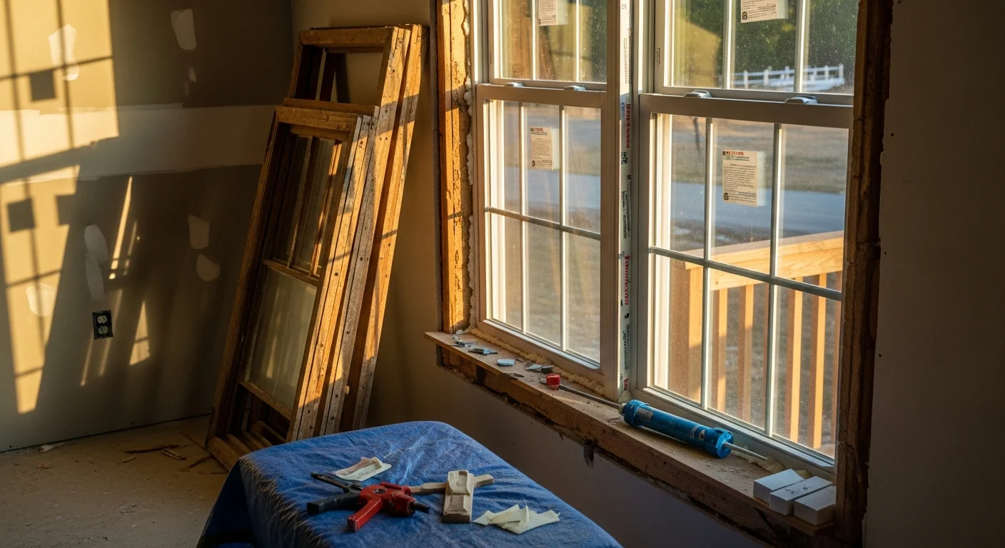 A Cumming, Georgia craftsman-style home with newly installed replacement windows featuring clean frames and clear double-pane glass. A Refit Specialty Contracting, LLC. crew member completes the exterior seal around a finished window opening on the home's front elevation.
